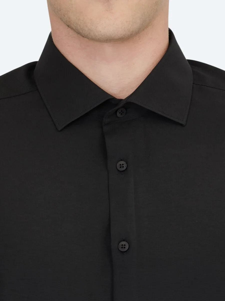 Black Plain Weaving Classical Cotton Blended Shirt - 4