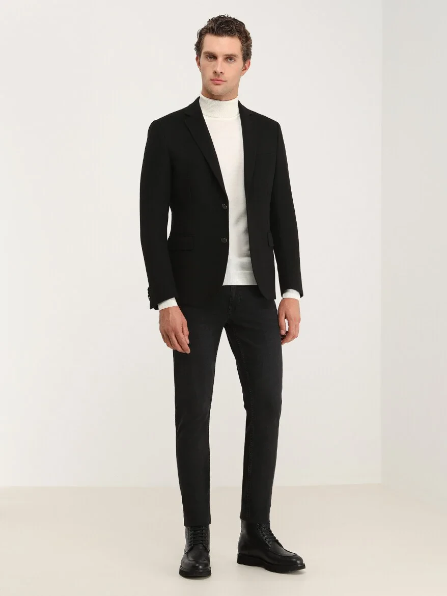 Black Plain Wool Blended Jacket - 1