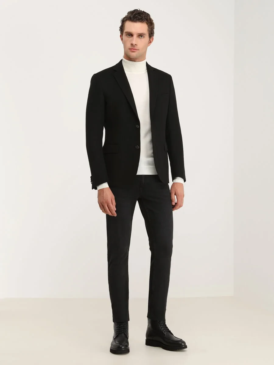 Black Plain Wool Blended Jacket - 1