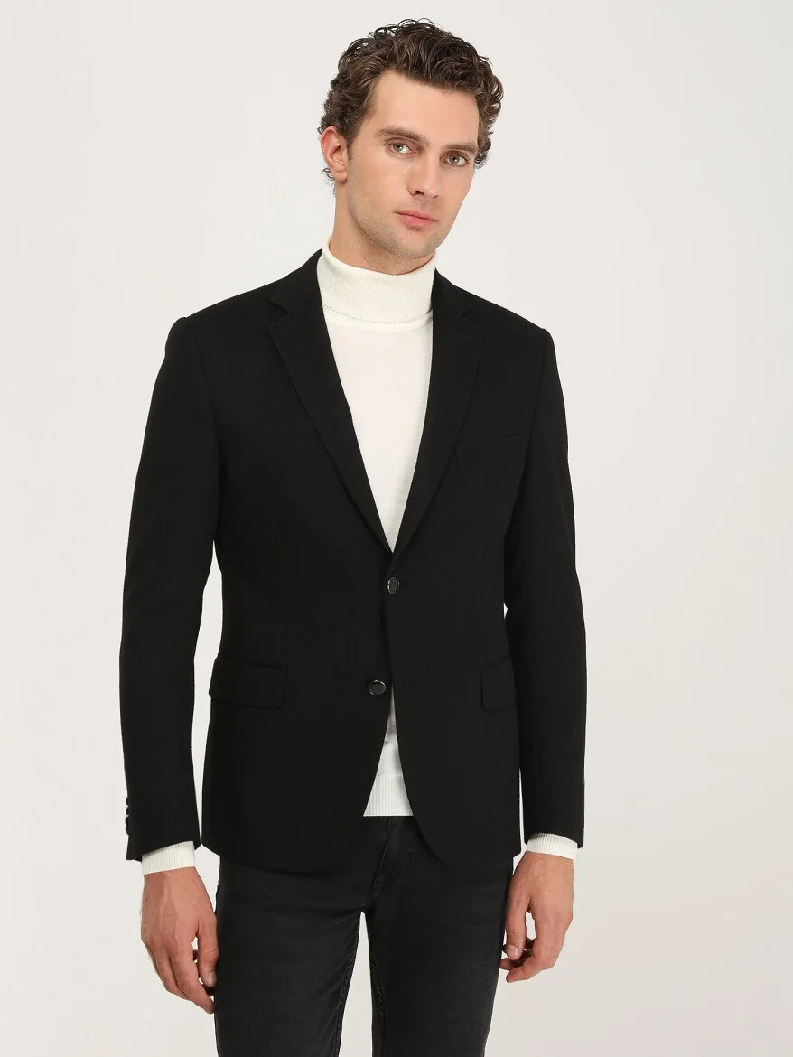 Black Plain Wool Blended Jacket - 2