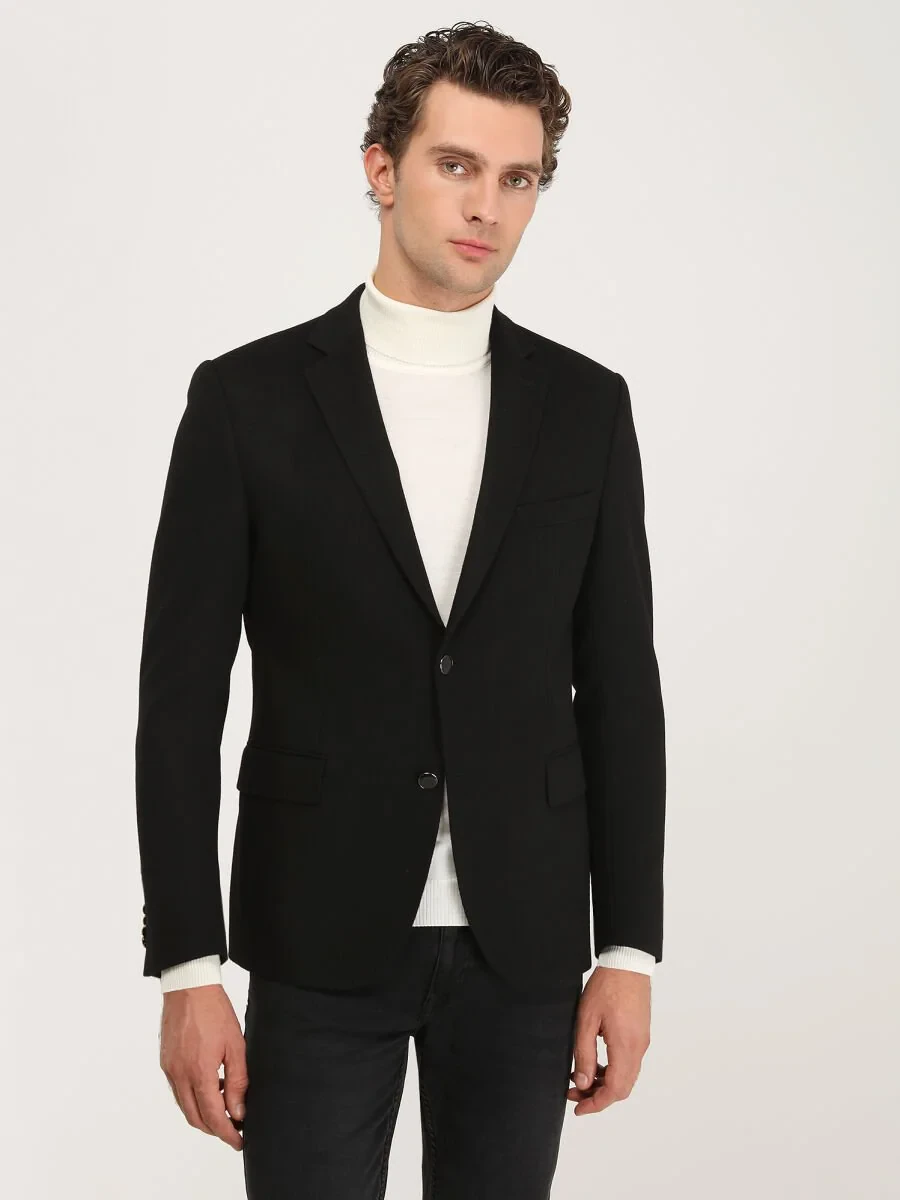 Black Plain Wool Blended Jacket - 2