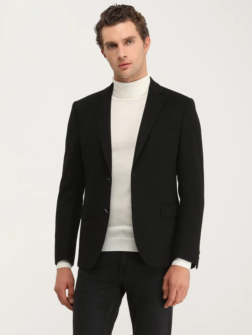 Black Plain Wool Blended Jacket - 3