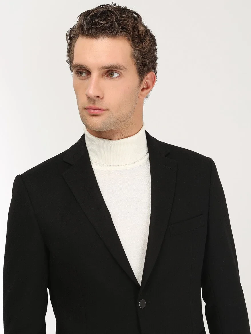Black Plain Wool Blended Jacket - 4