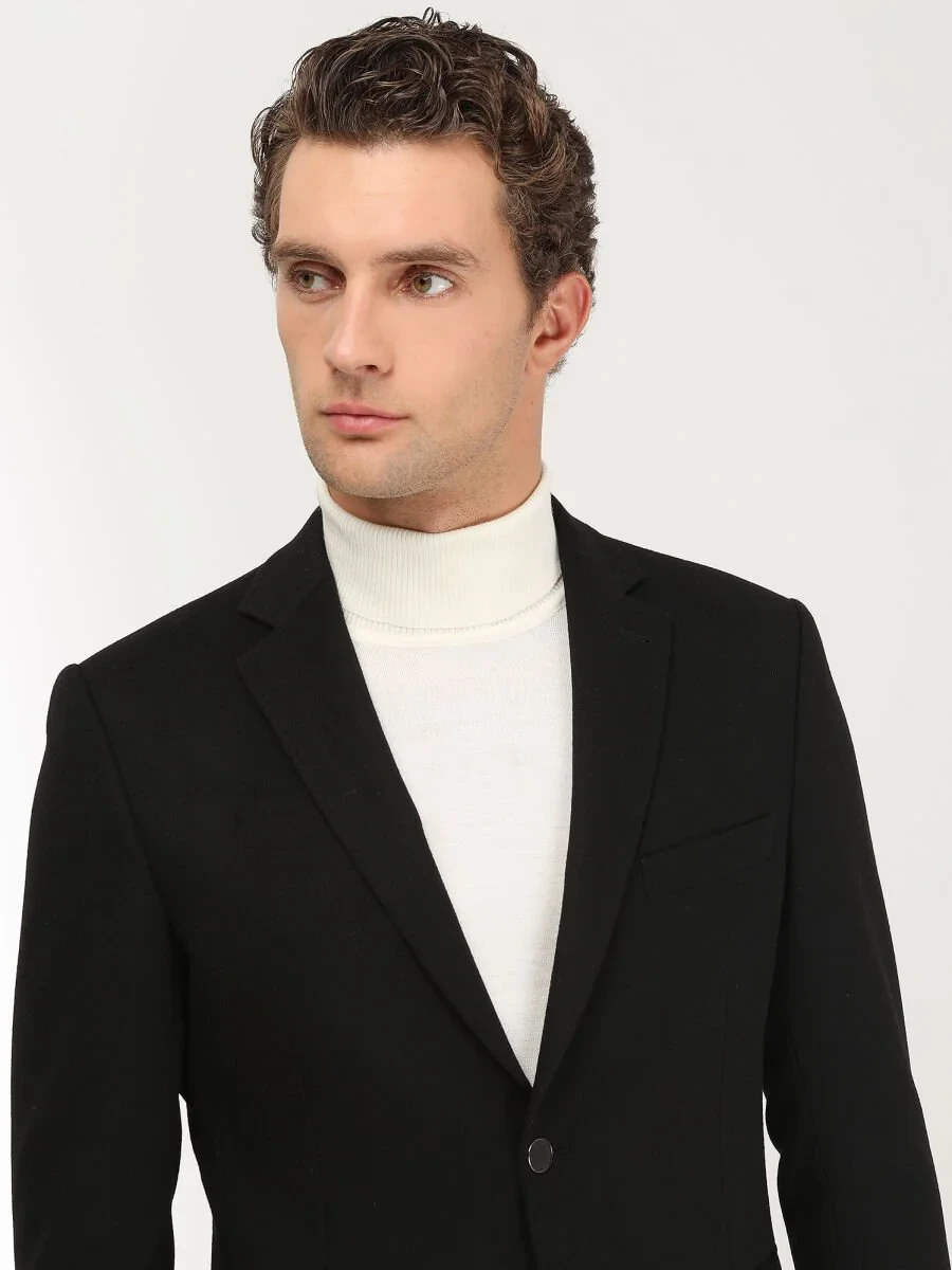 Black Plain Wool Blended Jacket - 4