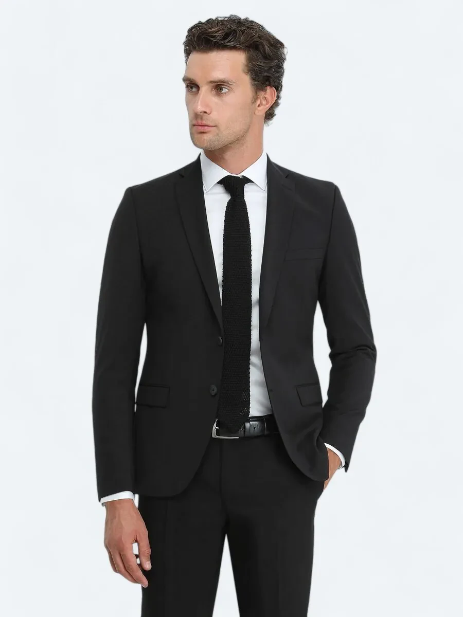 Black Plain Wool Blended Suit - 1