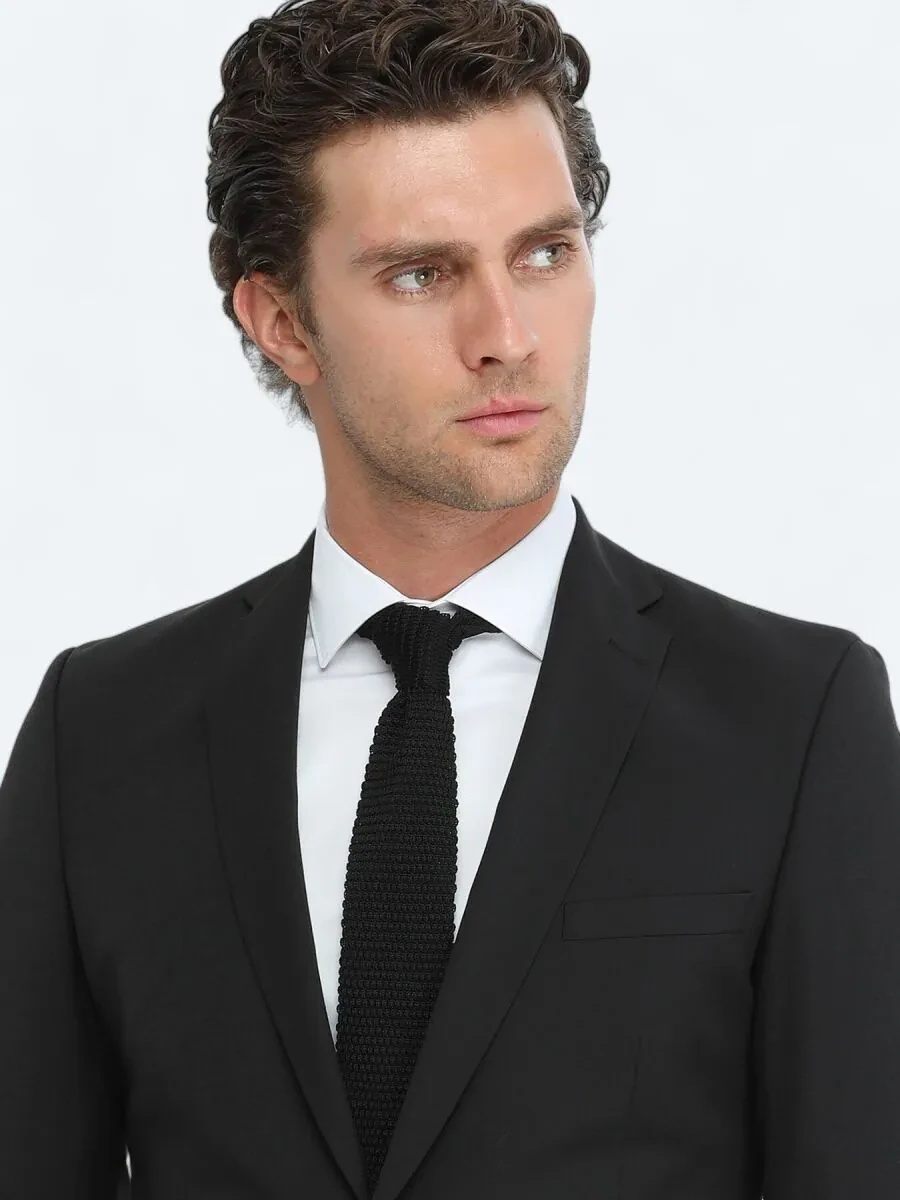Black Plain Wool Blended Suit - 2