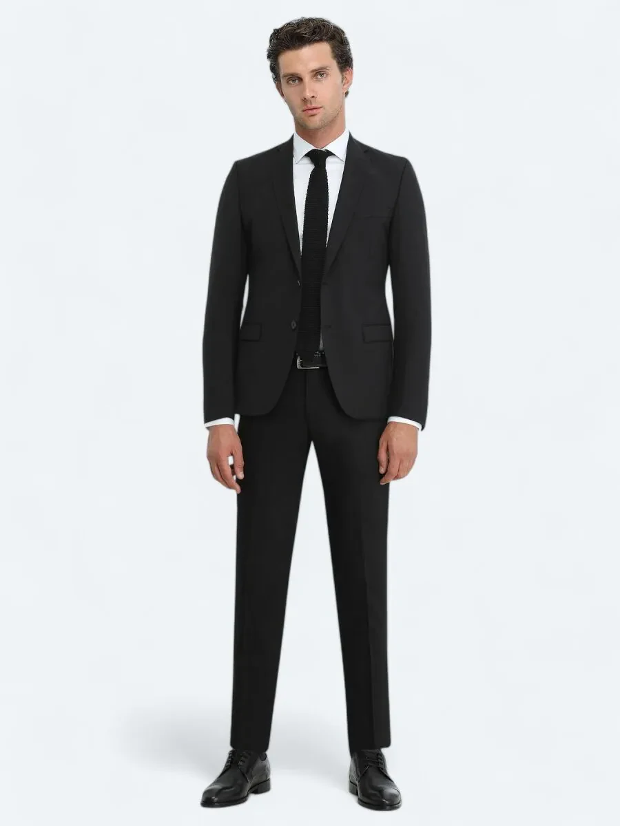 Black Plain Wool Blended Suit - 3