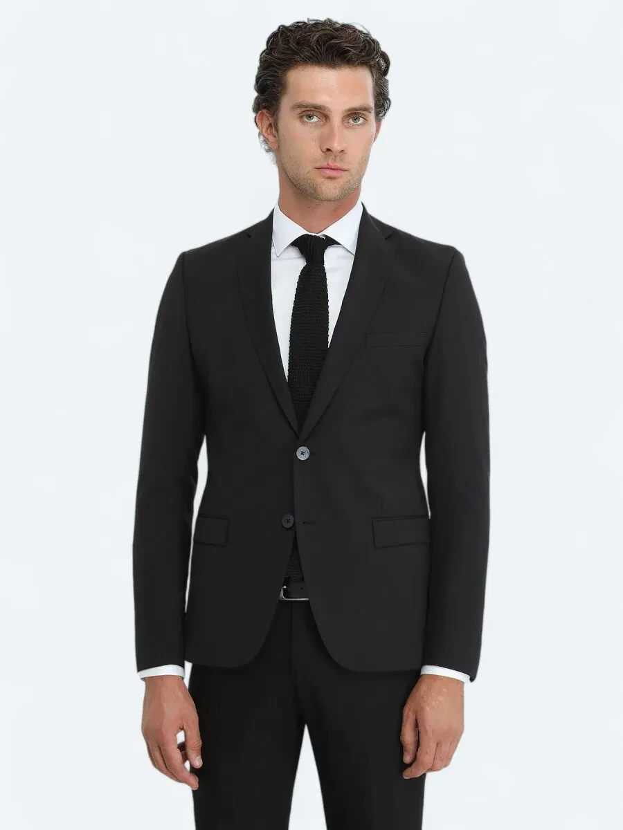 Black Plain Wool Blended Suit - 4