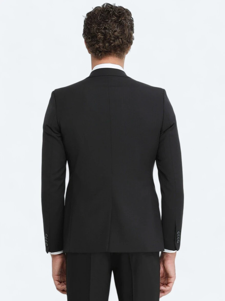 Black Plain Wool Blended Suit - 5