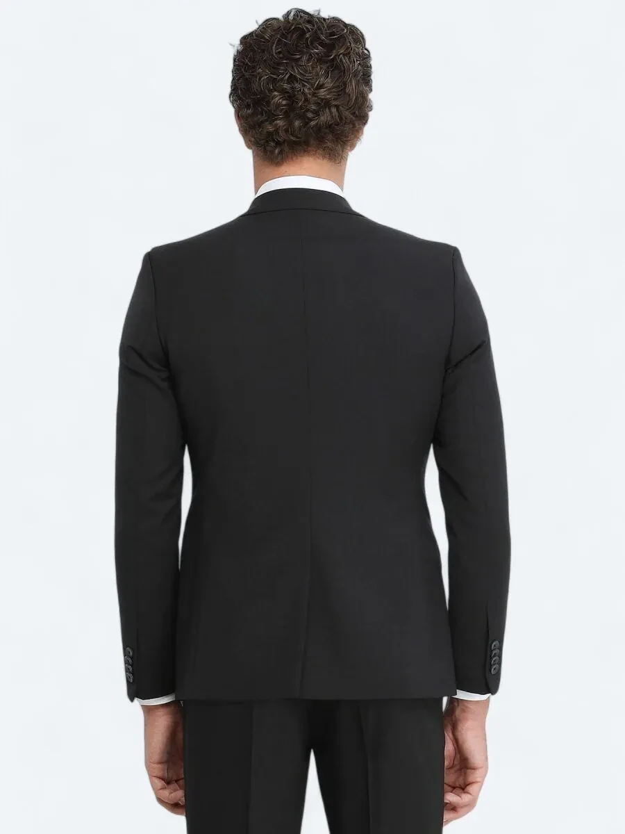 Black Plain Wool Blended Suit - 5