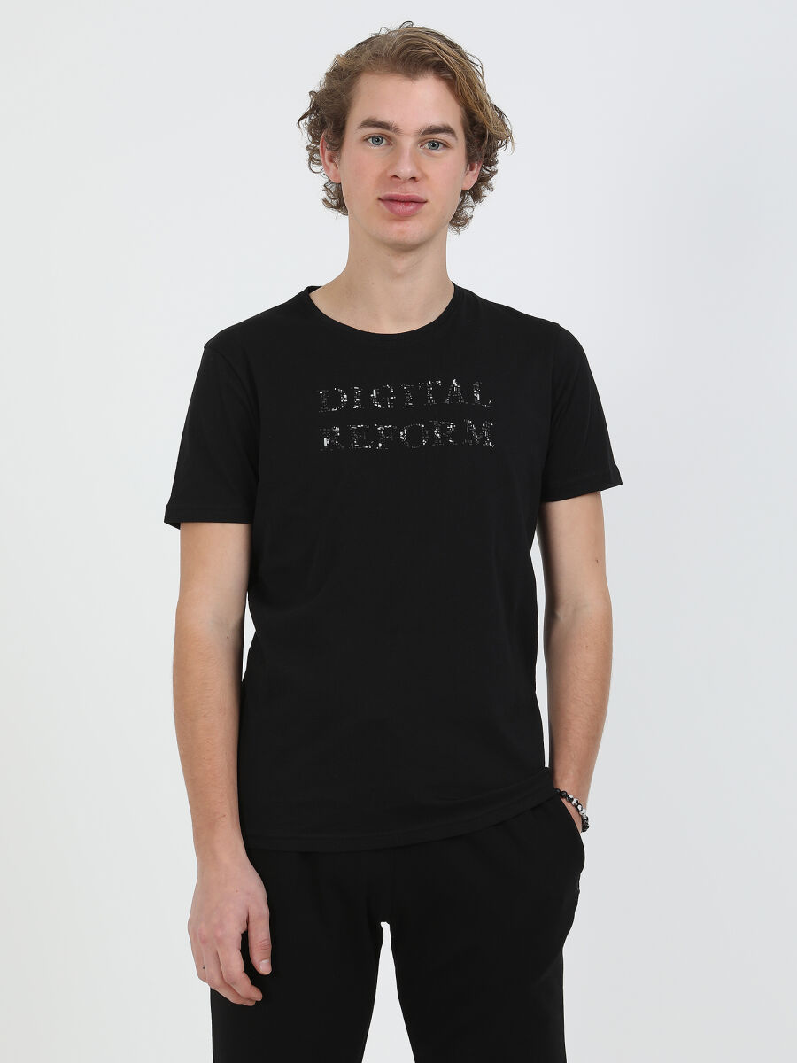 Black Printed Crew Neck 100% Cotton T-Shirt - 4