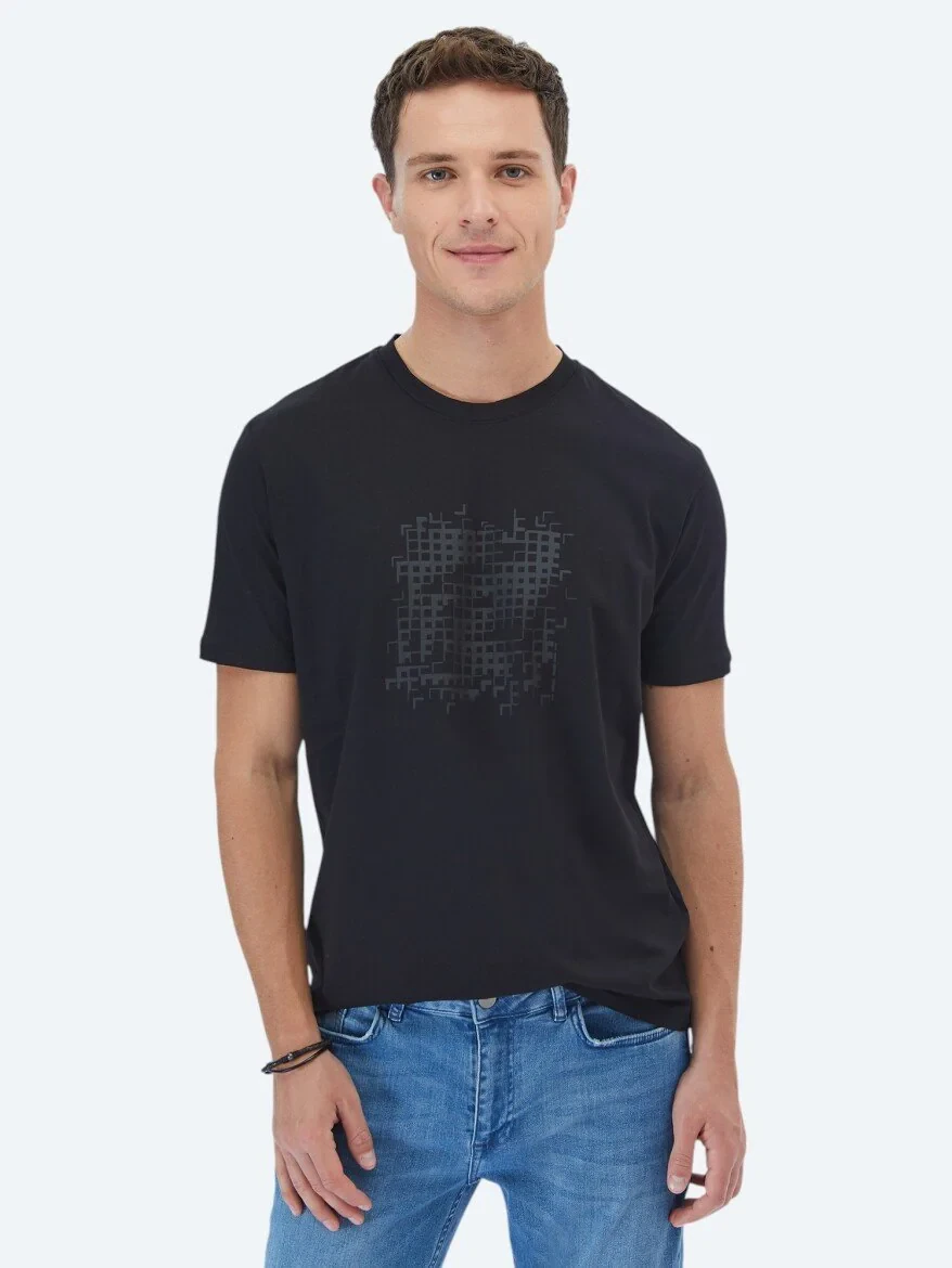 Black Printed Crew Neck 100% Cotton T-Shirt - 1