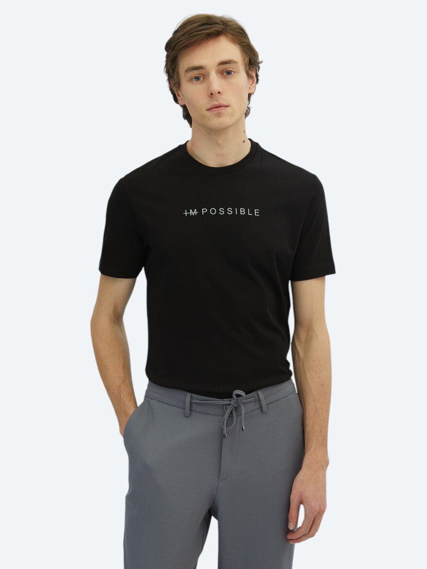 Black Printed Crew Neck 100% Cotton T-Shirt - KİP