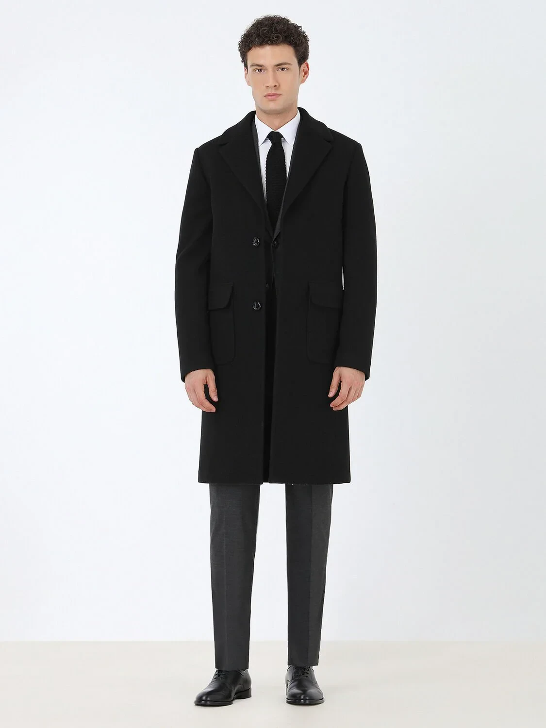 Black Regular Fit Butterfly Collar Casual Knitting Overcoat - 2