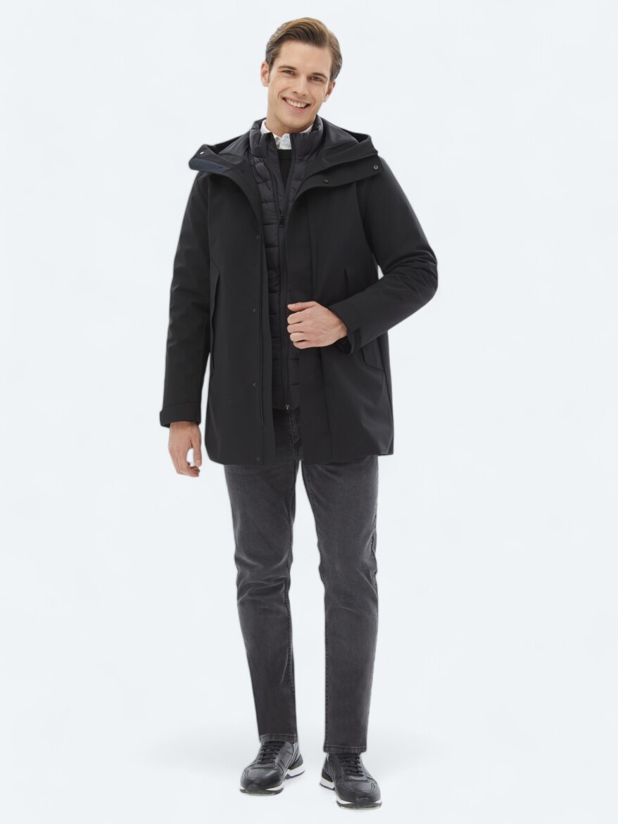 Black Regular Fit Butterfly Collar Casual Weaving Coat - 4