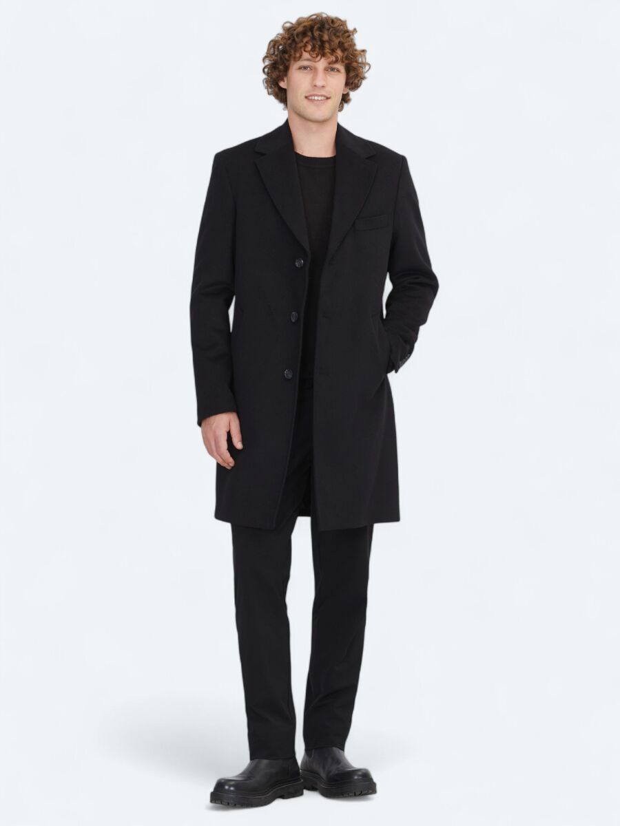 Black Regular Fit Butterfly Collar Classical Weaving Overcoat - 2