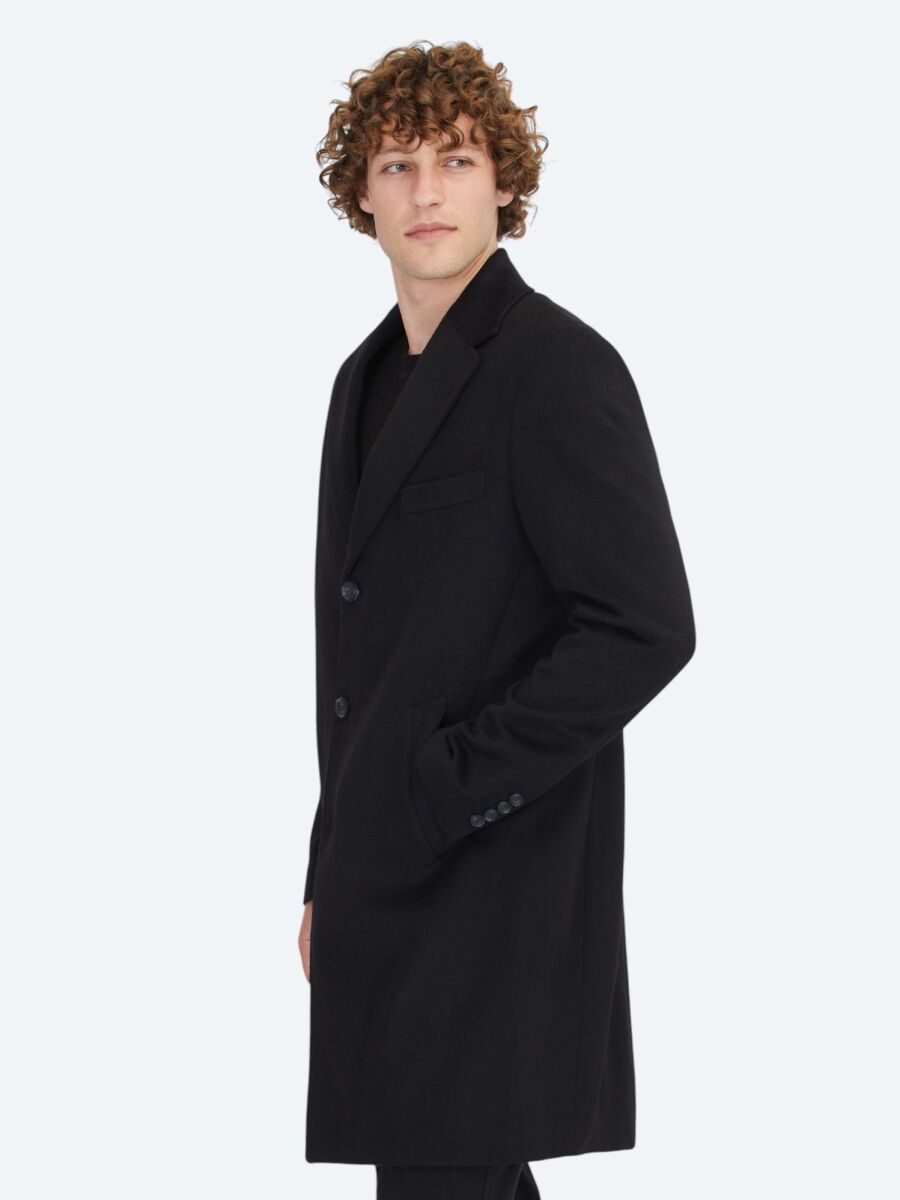 Black Regular Fit Butterfly Collar Classical Weaving Overcoat - 3