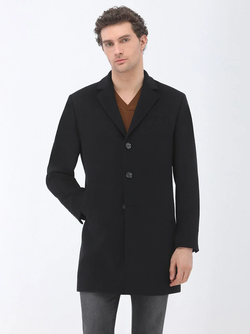 Black Regular Fit Butterfly Collar Classical Weaving Overcoat - 1