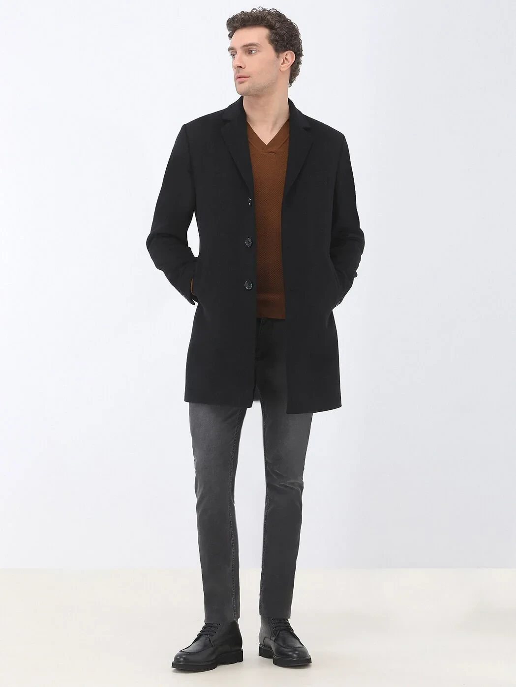 Black Regular Fit Butterfly Collar Classical Weaving Overcoat - 2