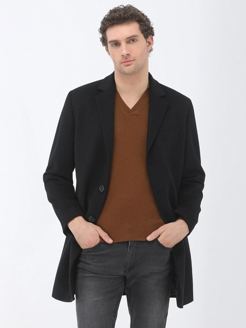 Black Regular Fit Butterfly Collar Classical Weaving Overcoat - 3