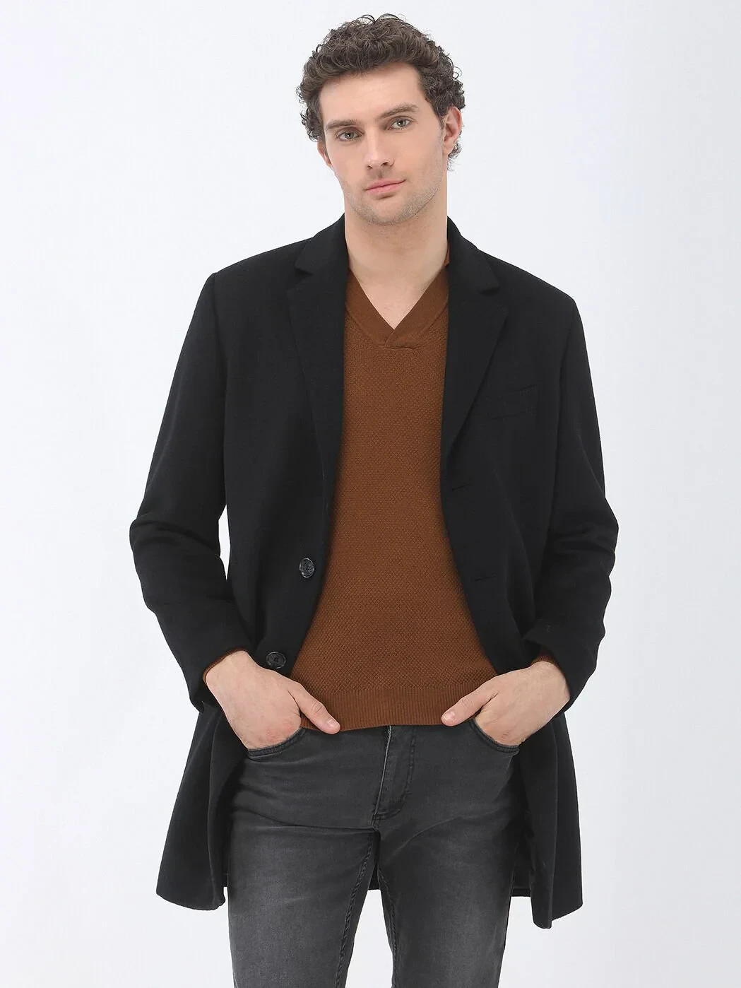 Black Regular Fit Butterfly Collar Classical Weaving Overcoat - 3