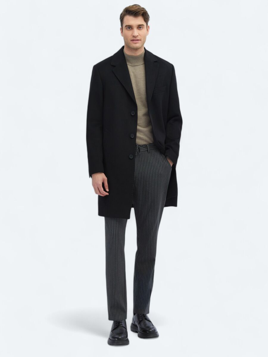 Black Regular Fit Butterfly Collar Classical Weaving Overcoat - 2