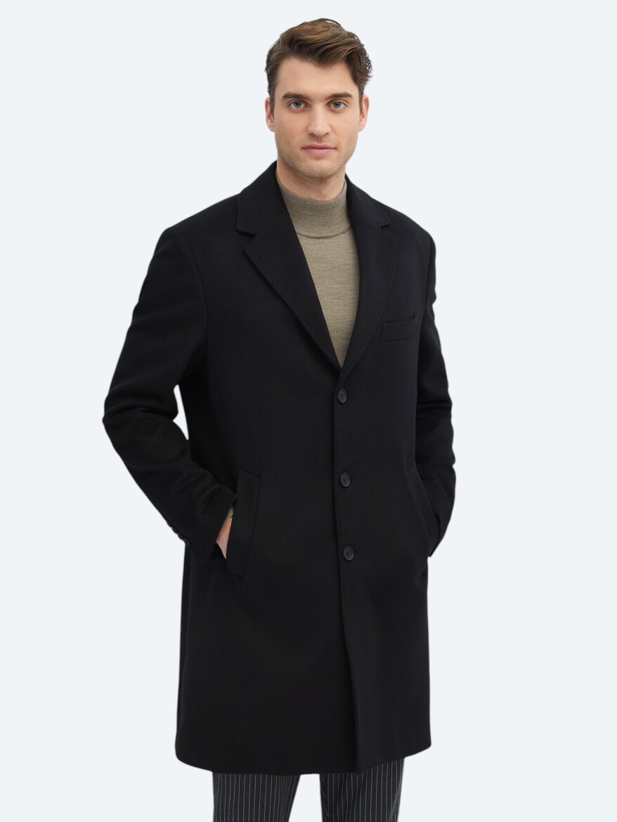 Black Regular Fit Butterfly Collar Classical Weaving Overcoat - 3