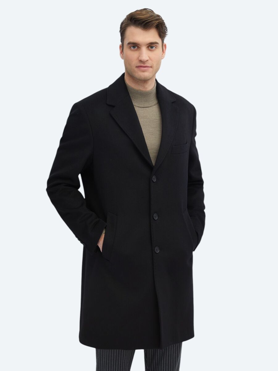 Black Regular Fit Butterfly Collar Classical Weaving Overcoat - 3