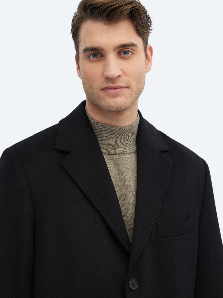 Black Regular Fit Butterfly Collar Classical Weaving Overcoat - 4