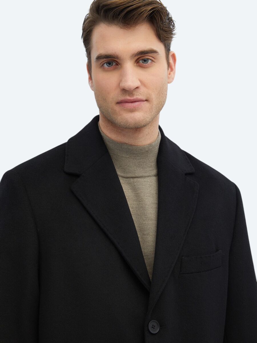 Black Regular Fit Butterfly Collar Classical Weaving Overcoat - 4