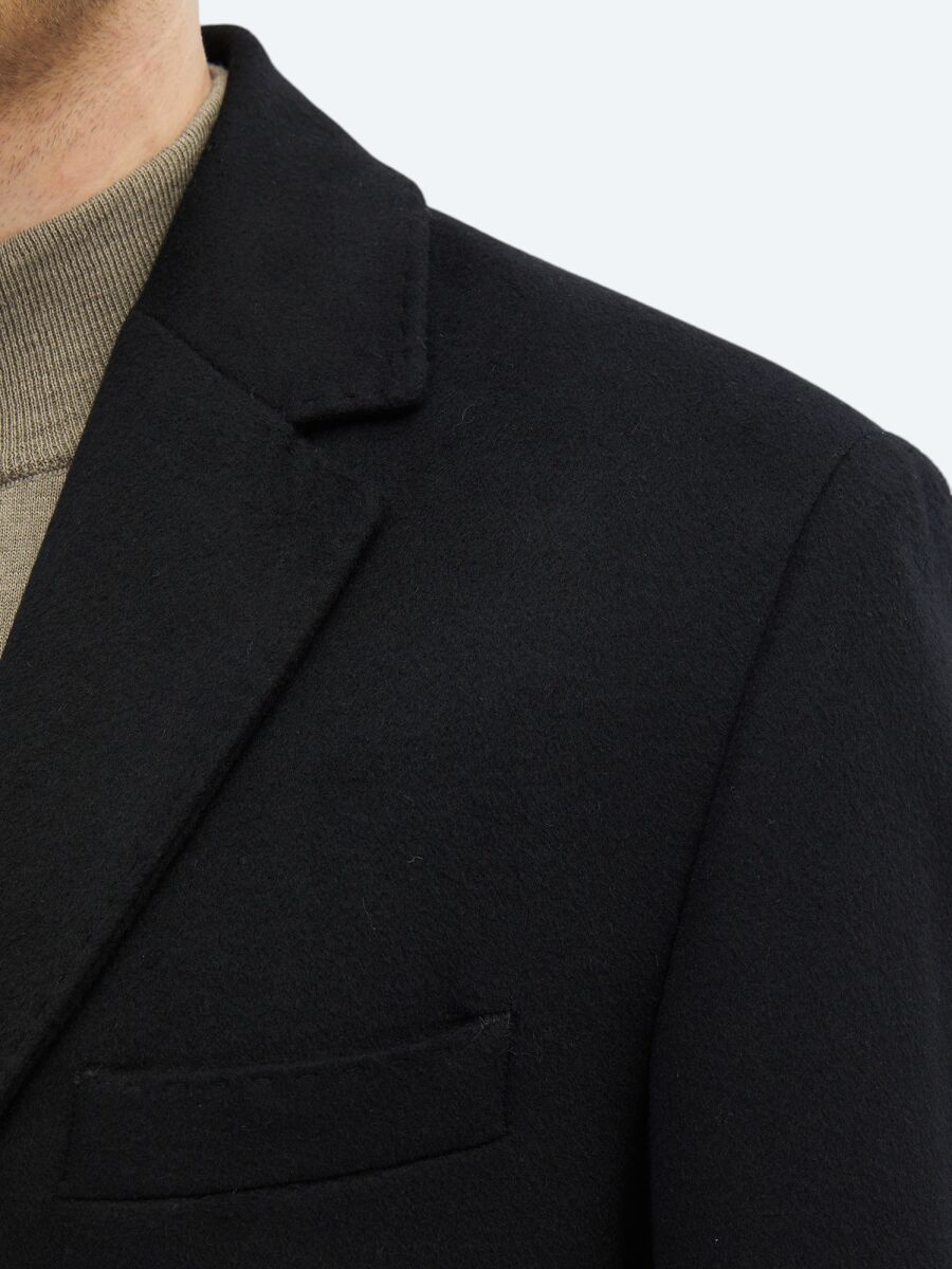 Black Regular Fit Butterfly Collar Classical Weaving Overcoat - 5