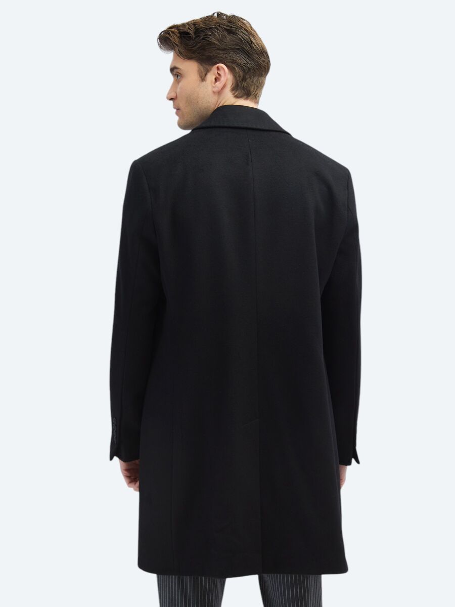 Black Regular Fit Butterfly Collar Classical Weaving Overcoat - 6