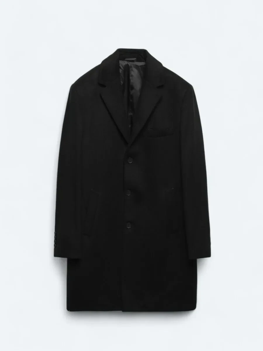Black Regular Fit Butterfly Collar Classical Weaving Overcoat - 7