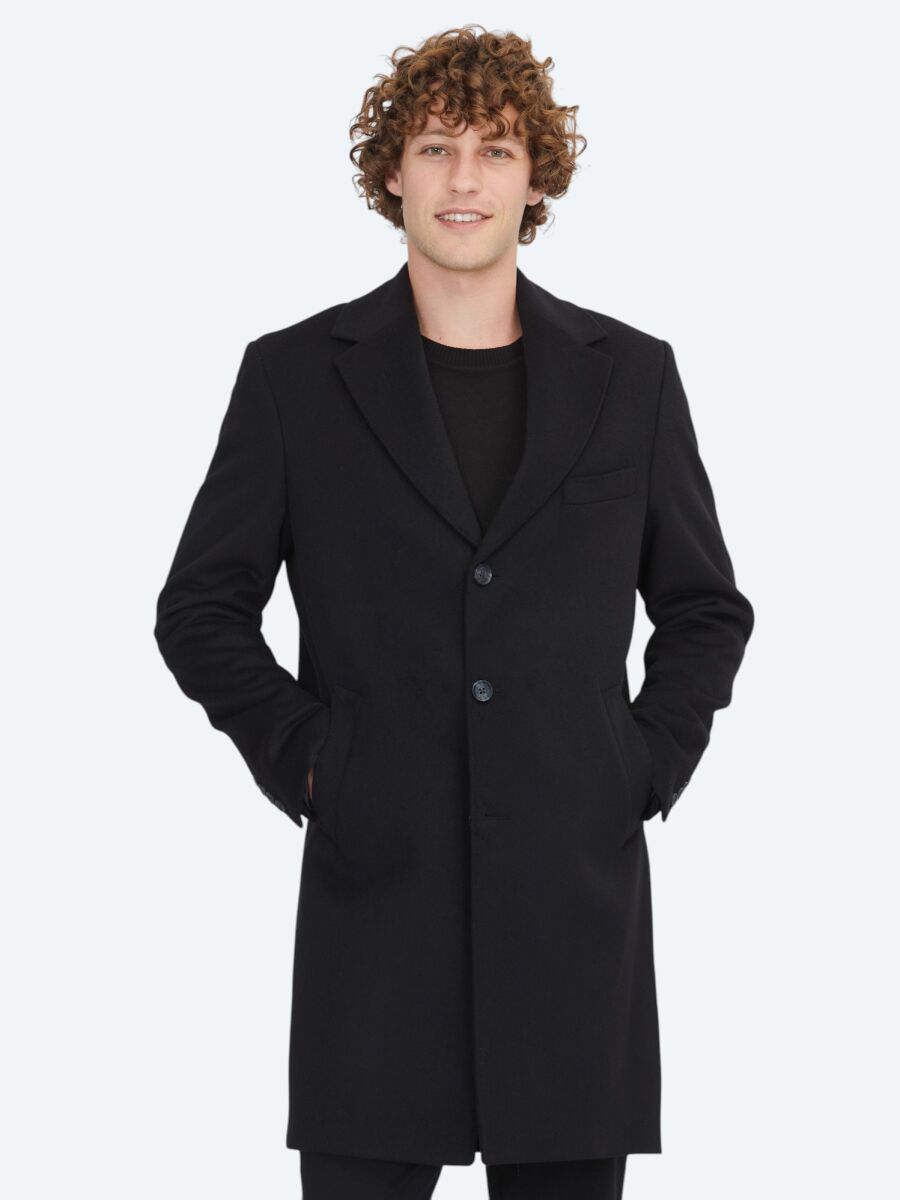 Black Regular Fit Butterfly Collar Classical Weaving Overcoat - 1