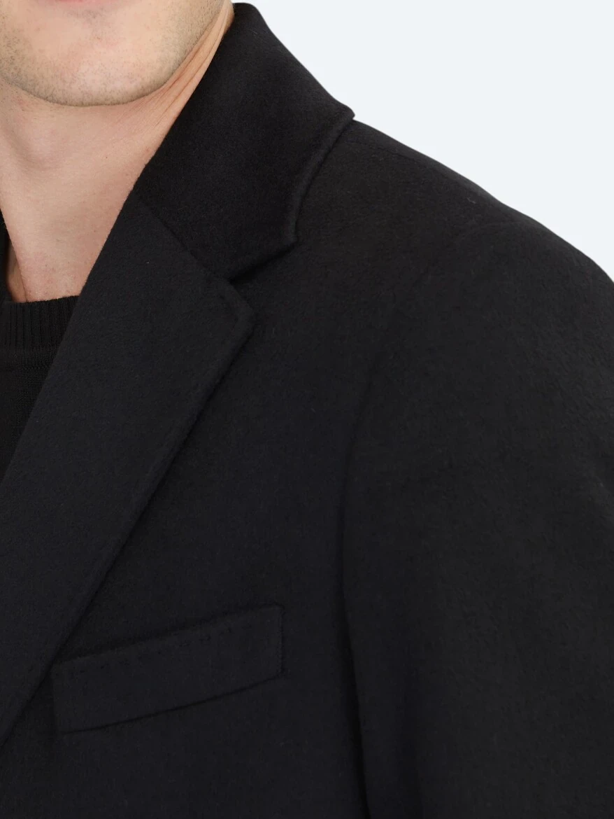 Black Regular Fit Butterfly Collar Classical Weaving Overcoat - 5