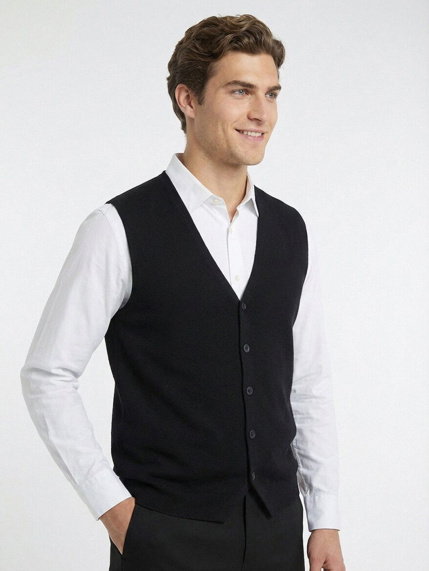 Black Regular Fit Casual Knitting Knit Vest - 3