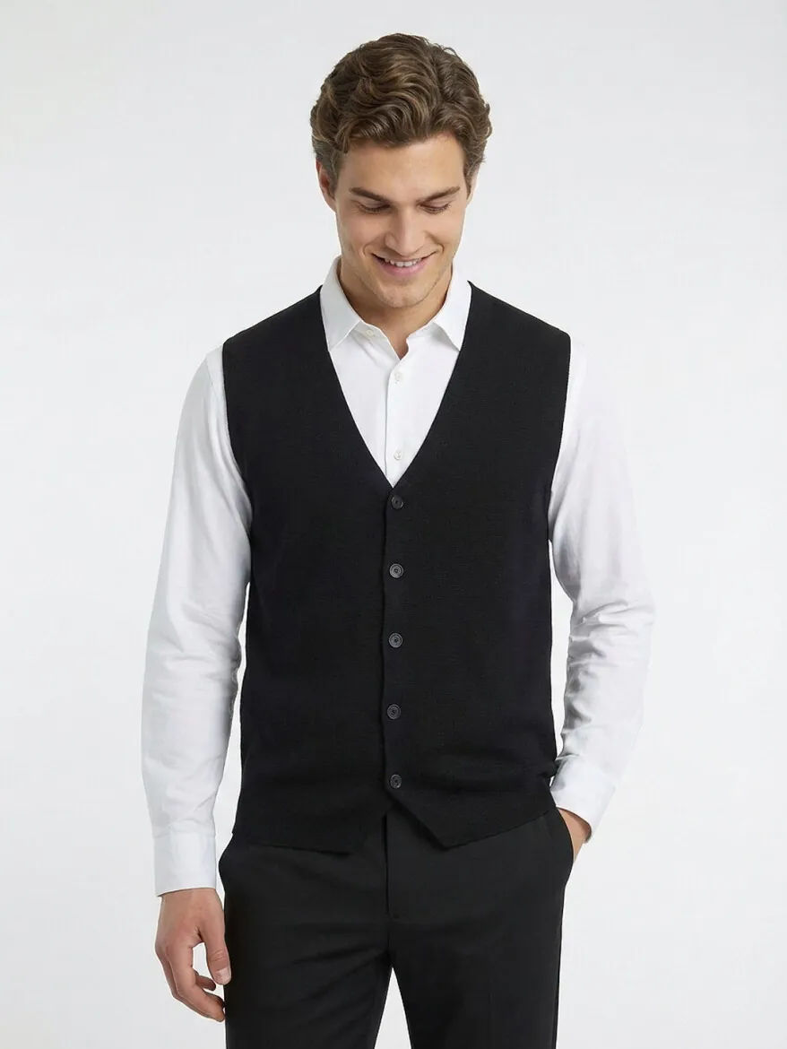 Black Regular Fit Casual Knitting Knit Vest - KİP