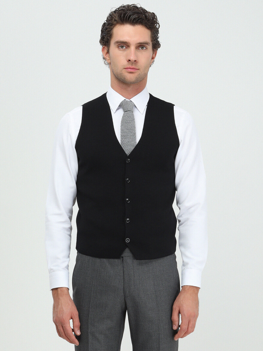 Black Regular Fit Casual Knitting Knit Vest - 1