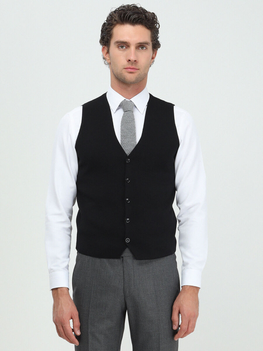 Black Regular Fit Casual Knitting Knit Vest - 1