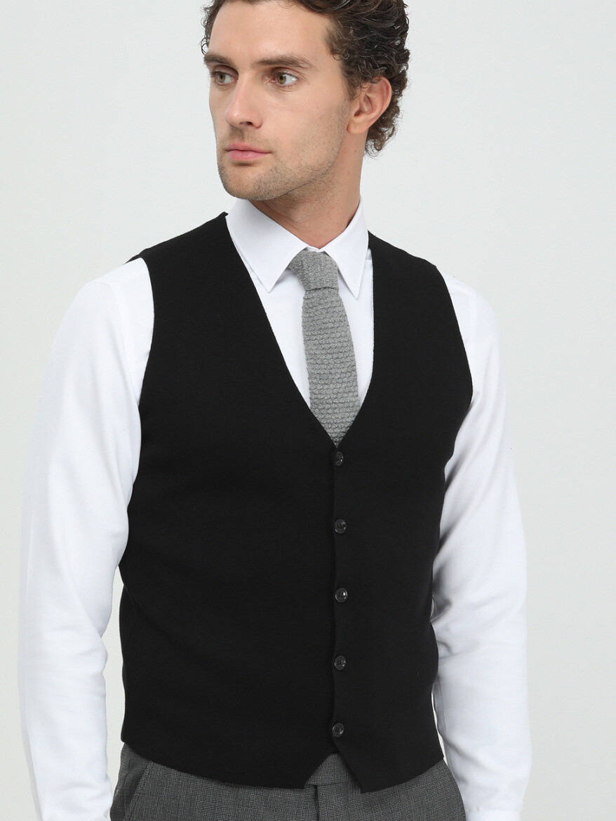 Black Regular Fit Casual Knitting Knit Vest - 3