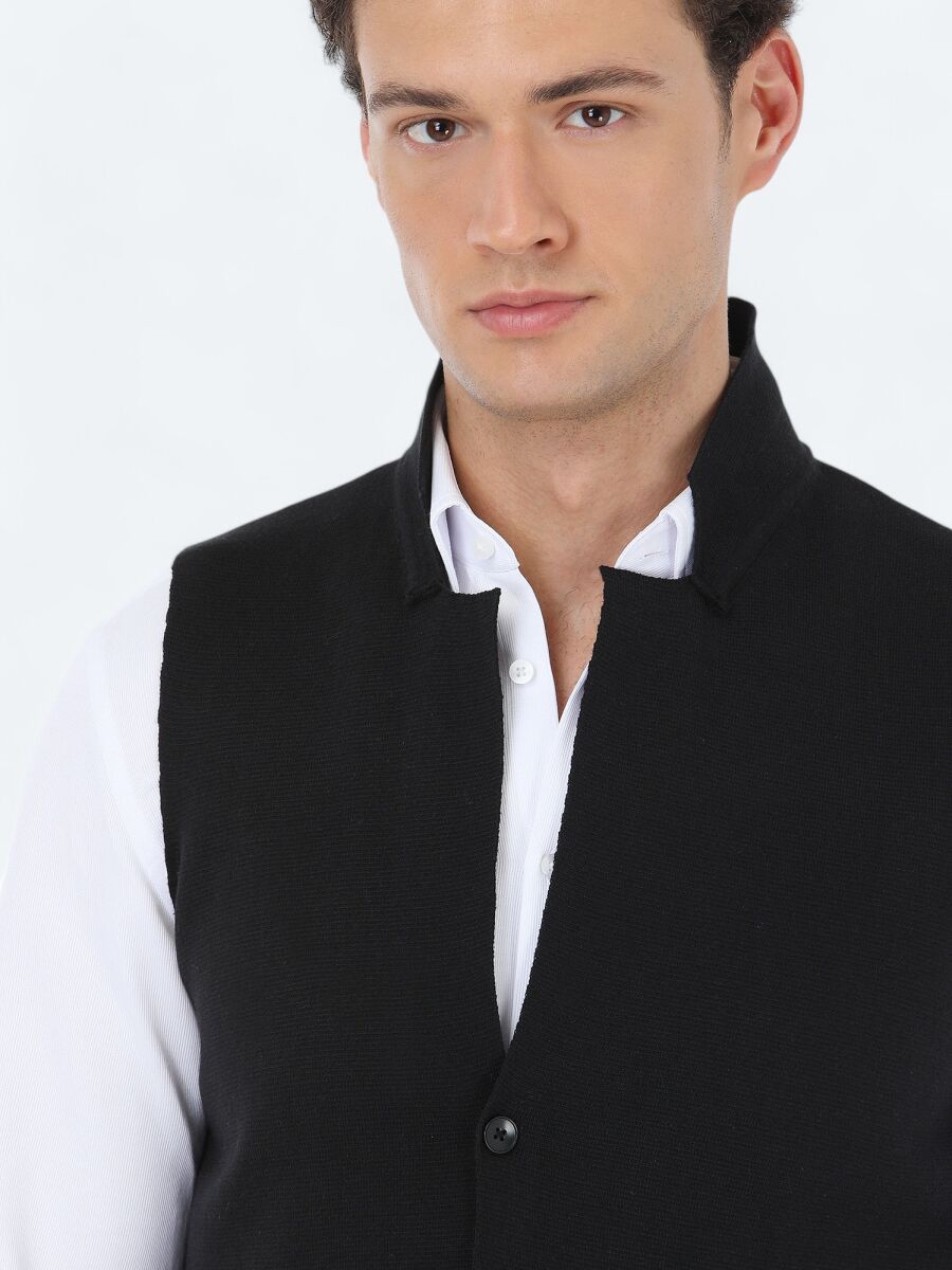 Black Regular Fit Casual Knitting Knit Vest - 3