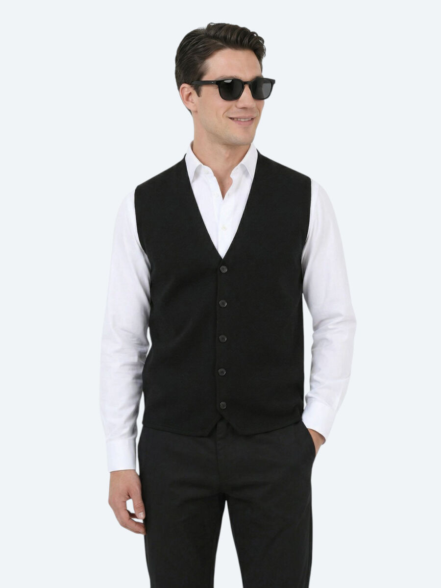 Black Regular Fit Casual Knitting Knit Vest - 1