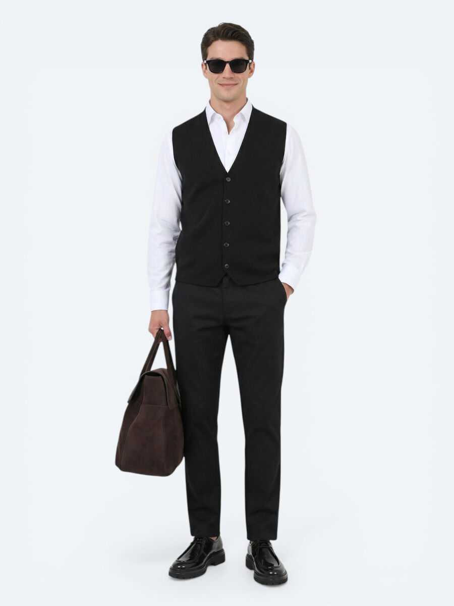 Black Regular Fit Casual Knitting Knit Vest - 2