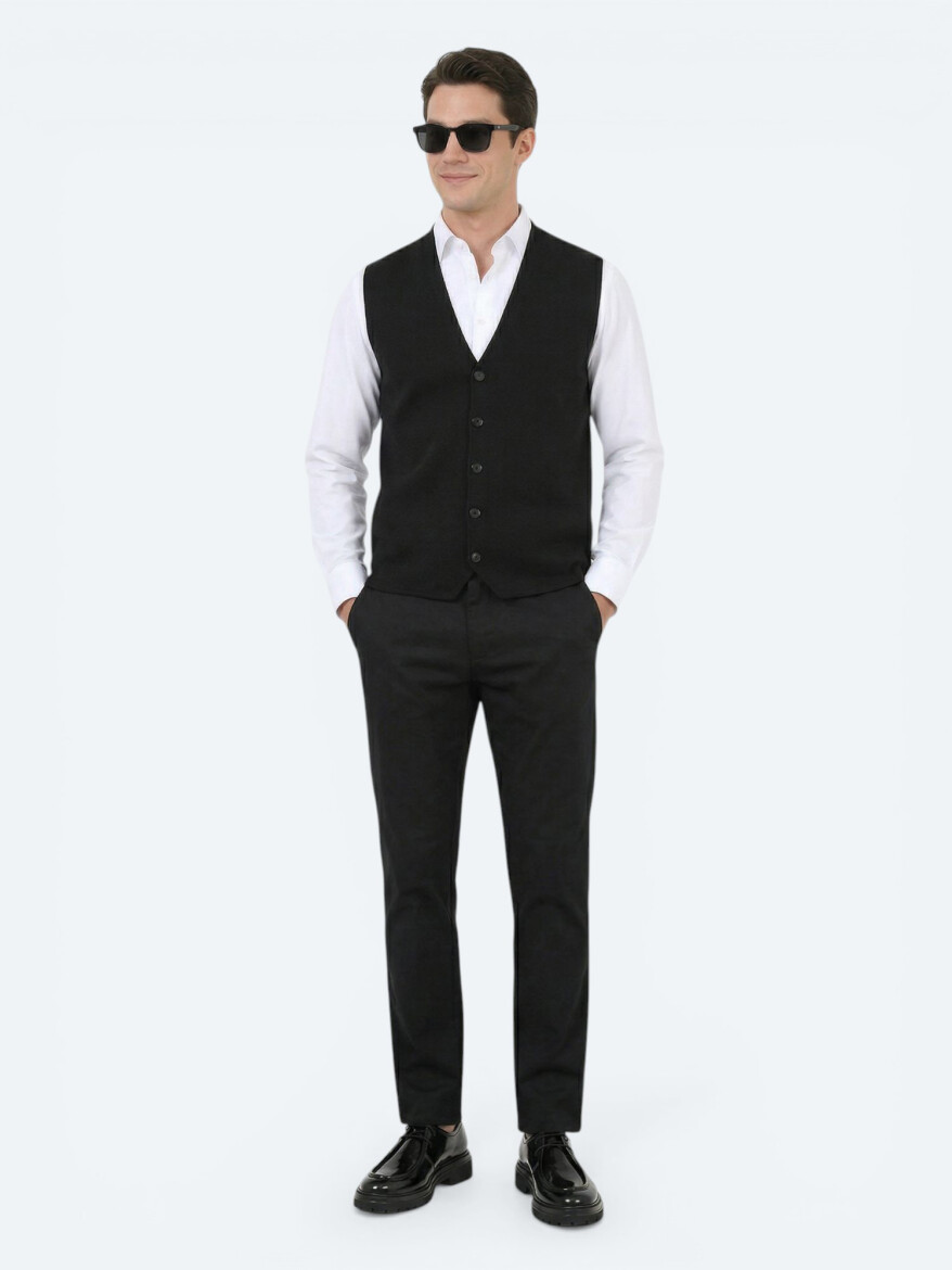 Black Regular Fit Casual Knitting Knit Vest - 3