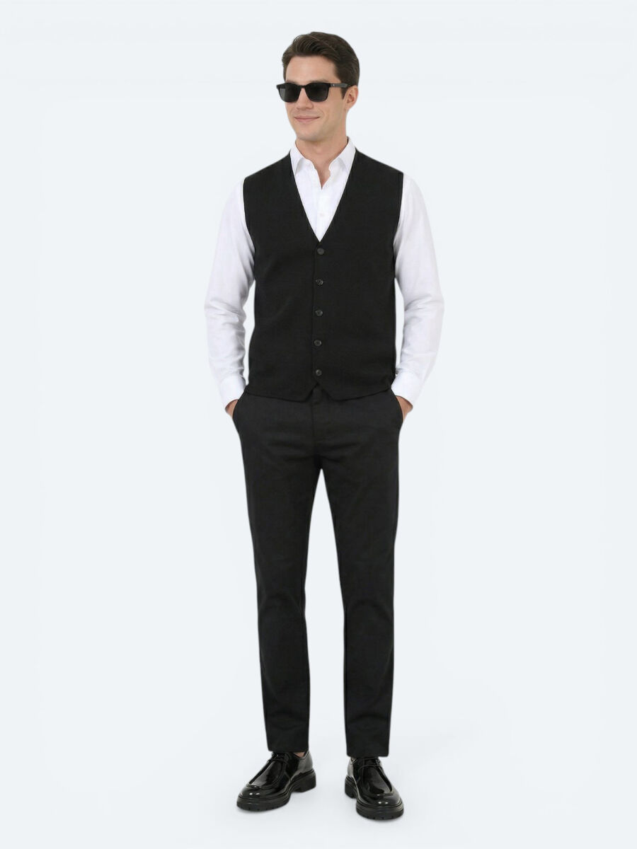Black Regular Fit Casual Knitting Knit Vest - 3