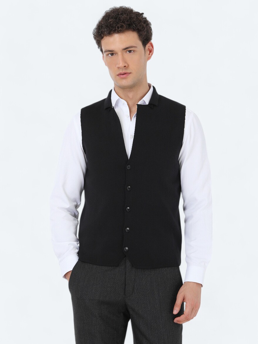 Black Regular Fit Casual Knitting Knit Vest - 1