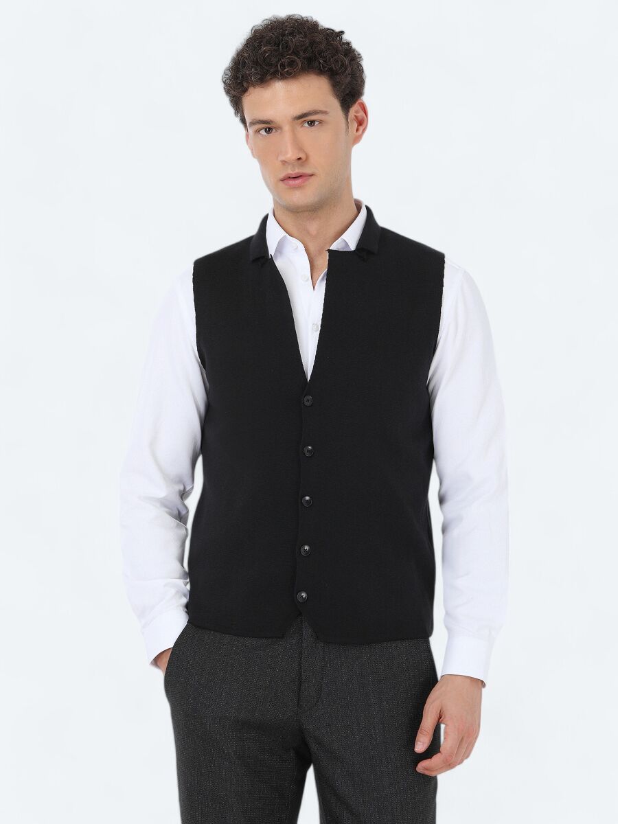 Black Regular Fit Casual Knitting Knit Vest - 1