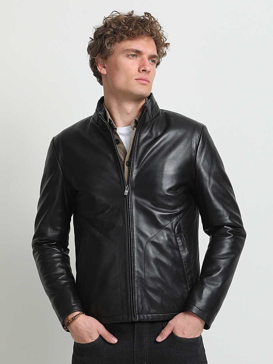 Black Regular Fit Casual Leather Leather Coat - 1