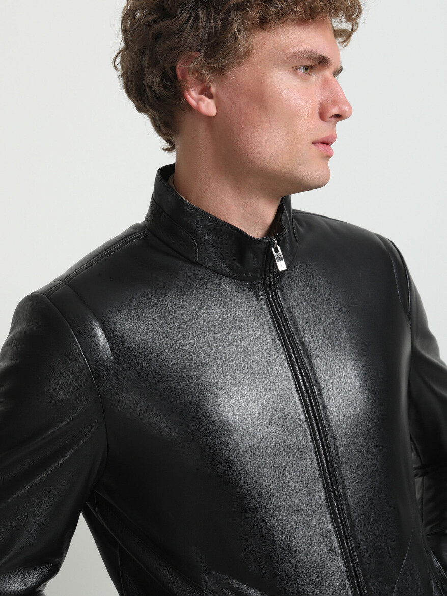 Black Regular Fit Casual Leather Leather Coat - 4