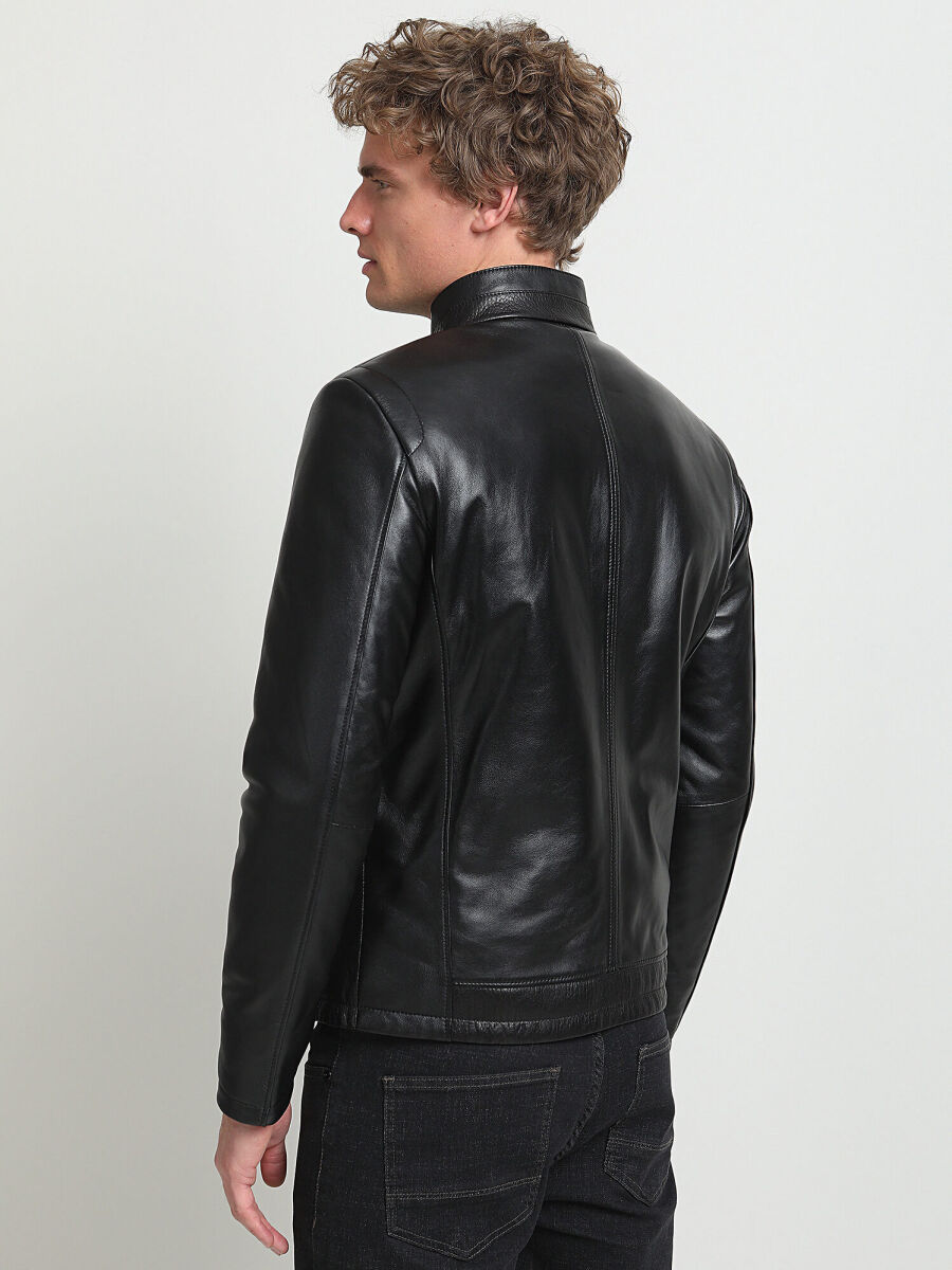 Black Regular Fit Casual Leather Leather Coat - 5